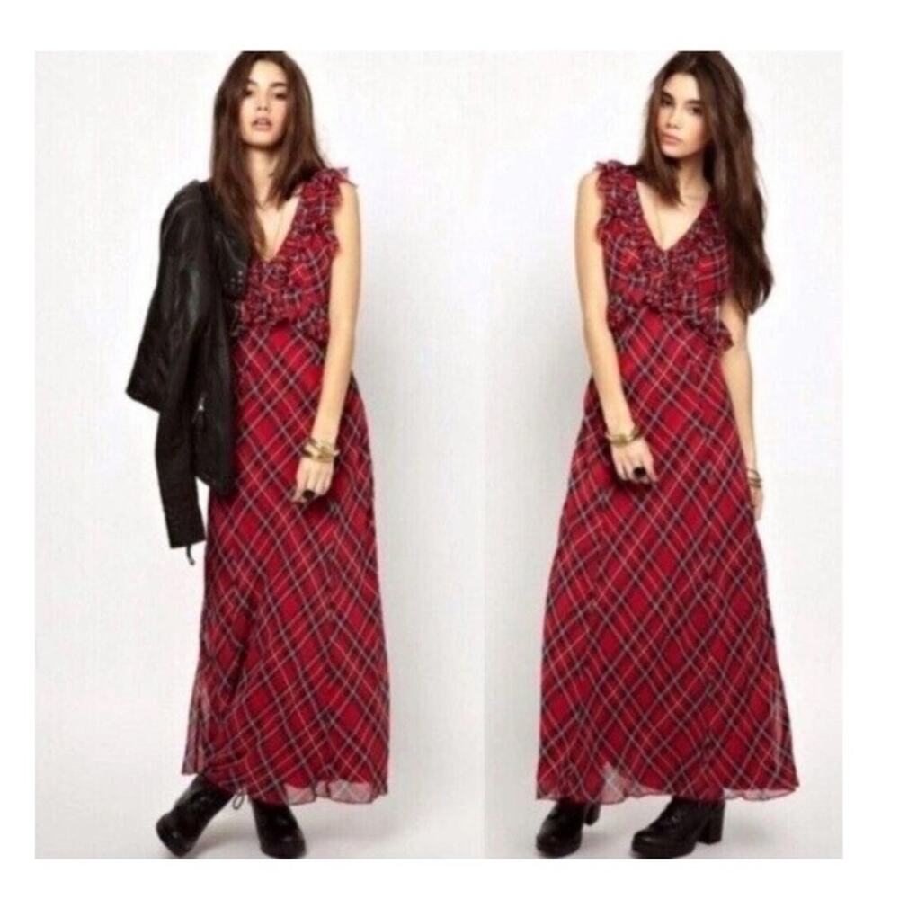 Free People Womes 0 Venitia Red Tartan Plaid Sleeveless Maxi Dress Holiday Party
